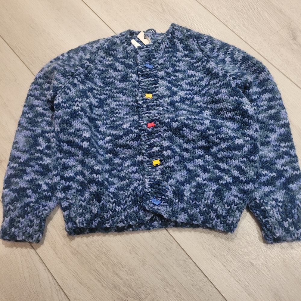 Kids Hand Knit Choo-choo Train Button Cardigan Sweater Size 4 Blue NEW